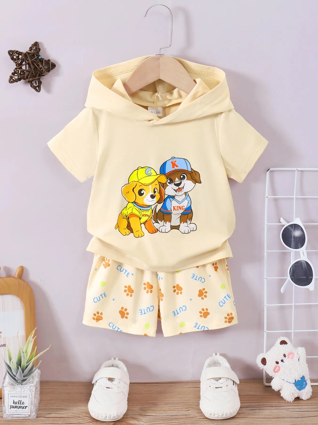 Children's Dog Short Sleeve Hoodie and Shorts Set Pastel Yellow