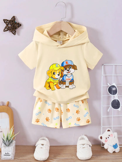Children's Dog Short Sleeve Hoodie and Shorts Set Pastel Yellow