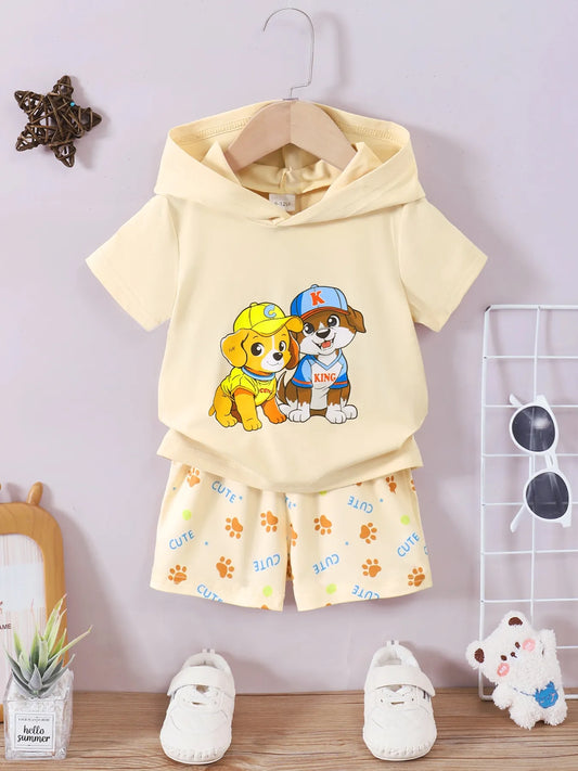 Children's Dog Short Sleeve Hoodie and Shorts Set Pastel Yellow
