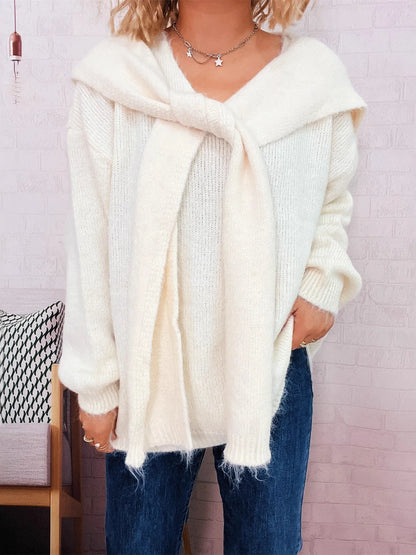 Ribbed Hem V-Neck Sweater with Shawl White One Size