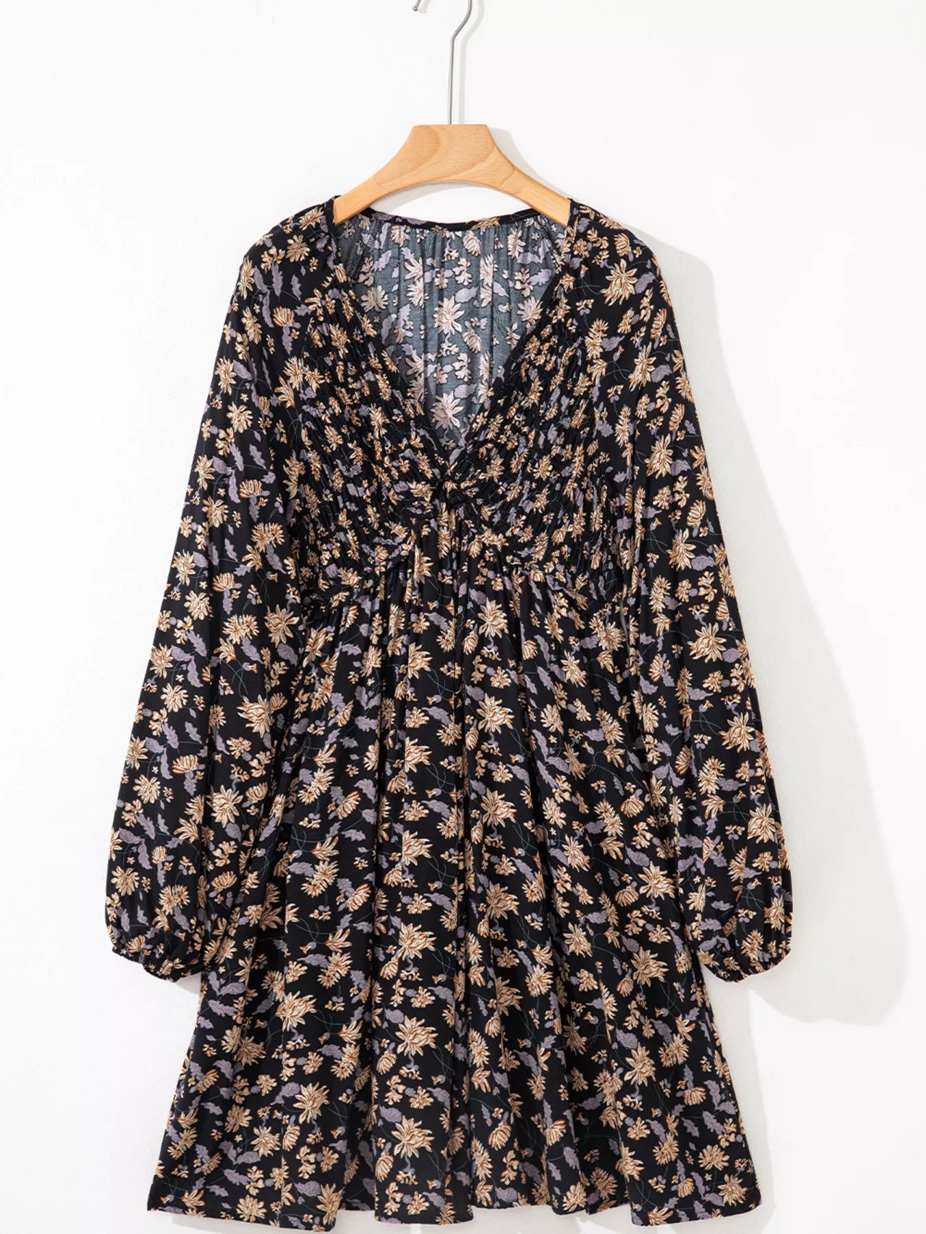 Floral Deep V Neck Smocked Bust Bubble Sleeve Babydoll Dress