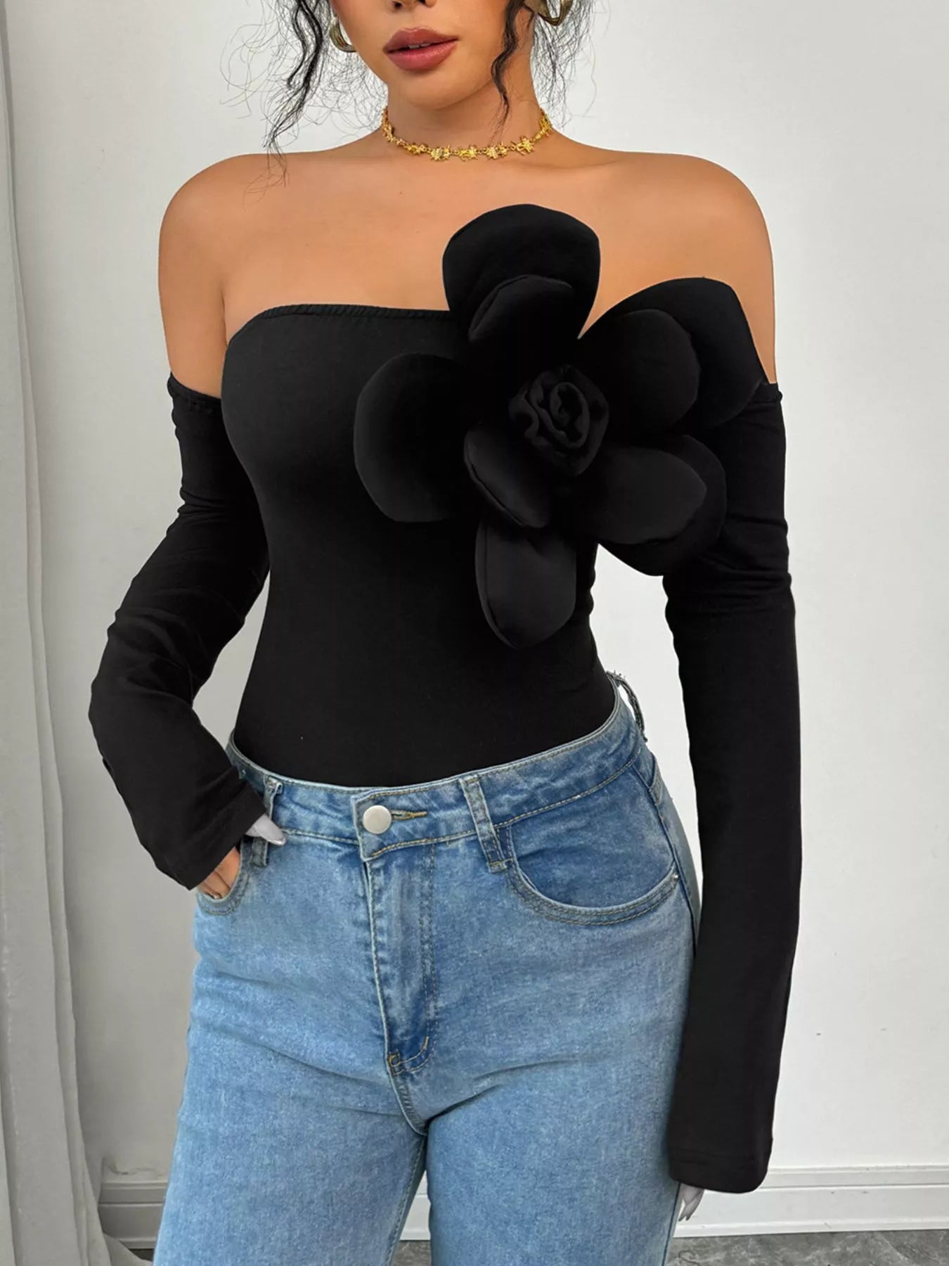 Flower Off-Shoulder Long Sleeve Bodysuit