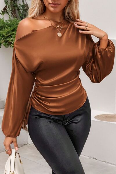 Drawstring One Shoulder Long Sleeve Blouse Brown