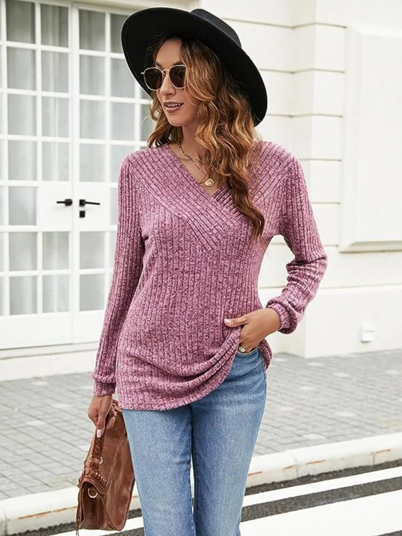 V-Neck Ribbed Long Sleeve Knit Top Dark Pink