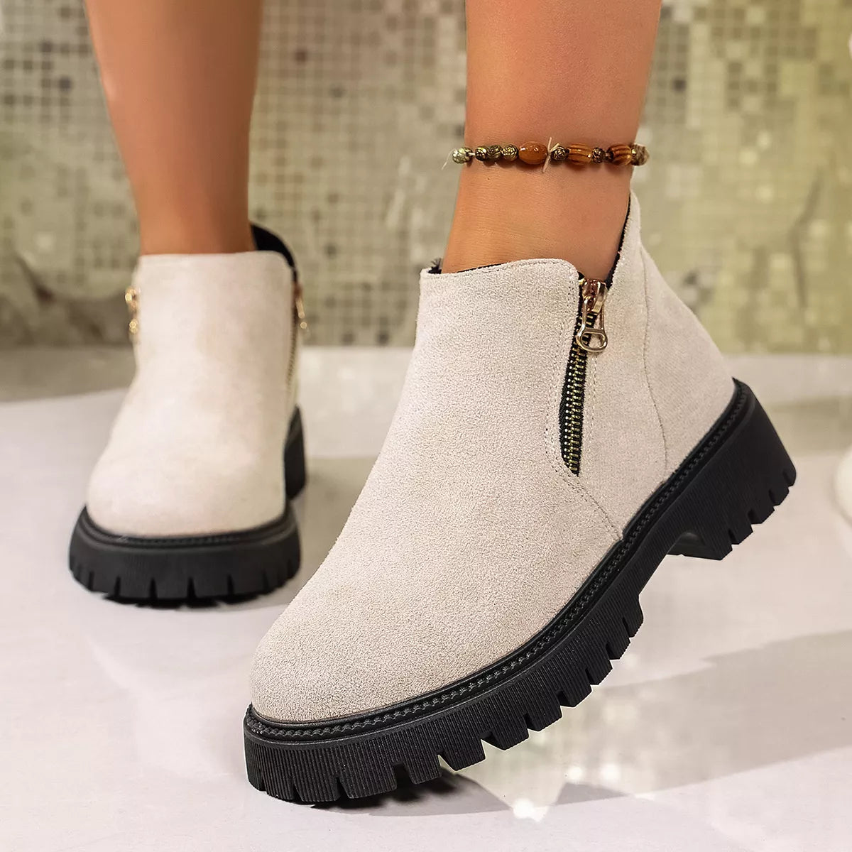 Round Toe Side Zip Ankle Boots
