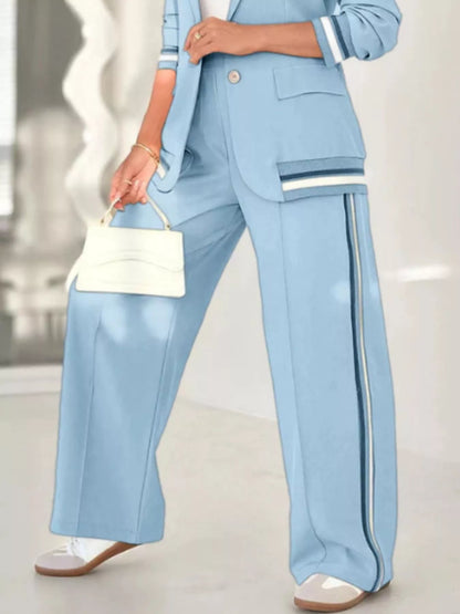 Full Size Striped Trim Button Down Jacket and Pants Set Plus Size