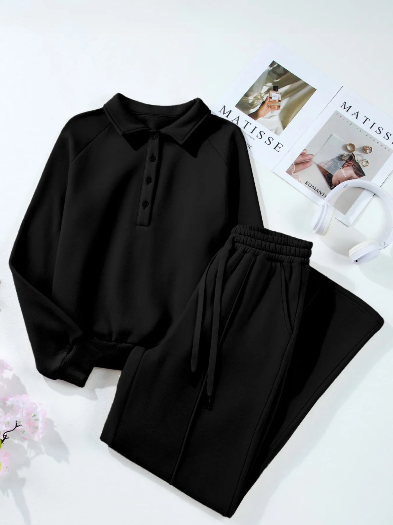 Collared Sweatshirt and High Waist Pants Active Set