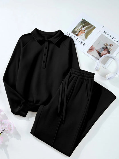 Collared Sweatshirt and High Waist Pants Active Set