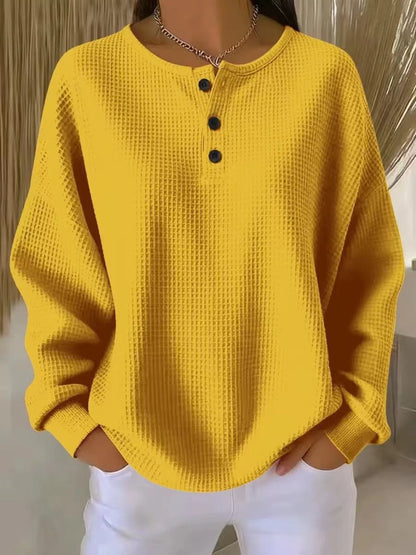 Full Size Waffle Knit Button Detail Top Plus Size Yellow