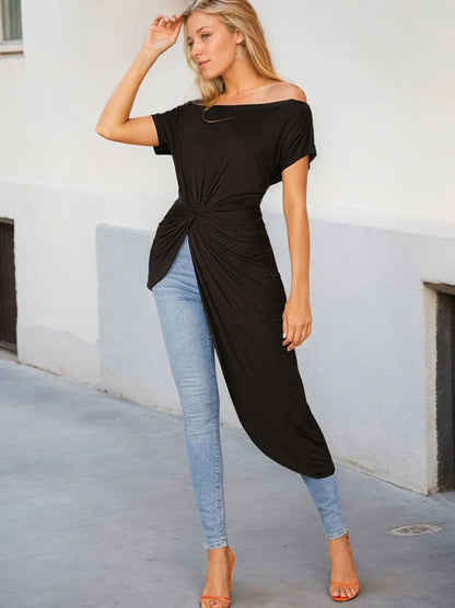 Asymmetric Knotted Off-Shoulder Long T-Shirt Black