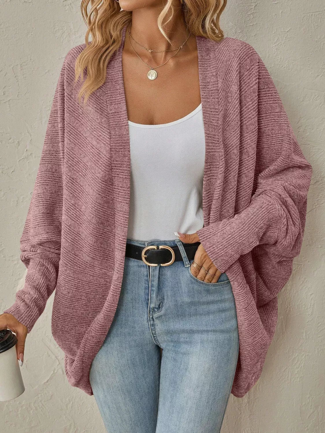 Casual Knit Open Front Cardigan Dusty Pink