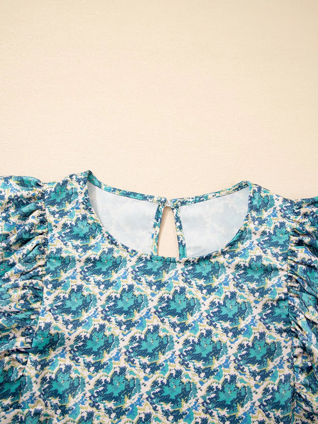 Abstract Print Shirred Cuff Ruffled Puff Sleeve Blouse