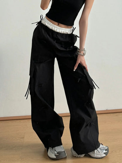 Bow Elastic Waist Cargo Pants