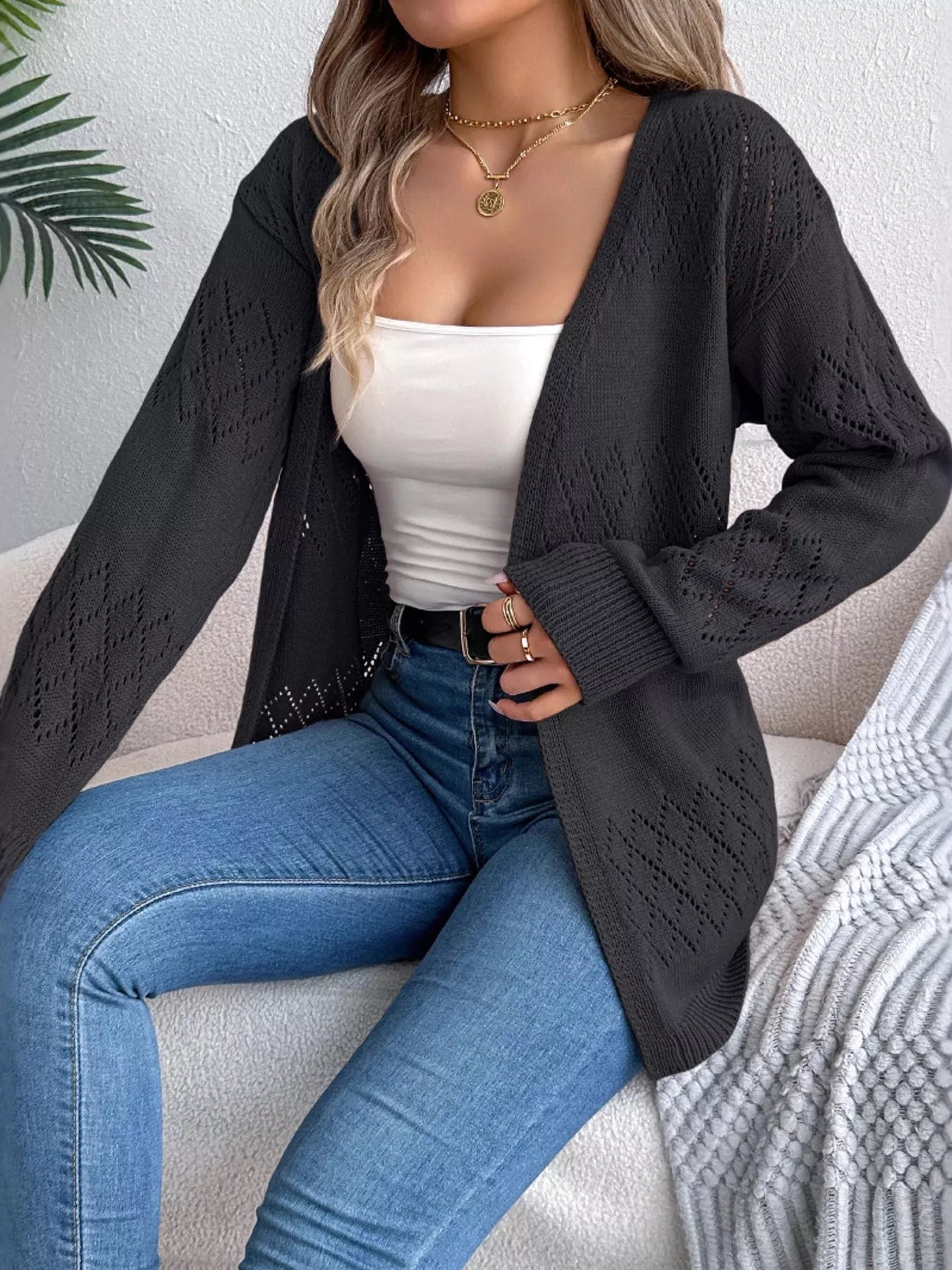 Openwork Open Front Long Sleeve Cardigan Black