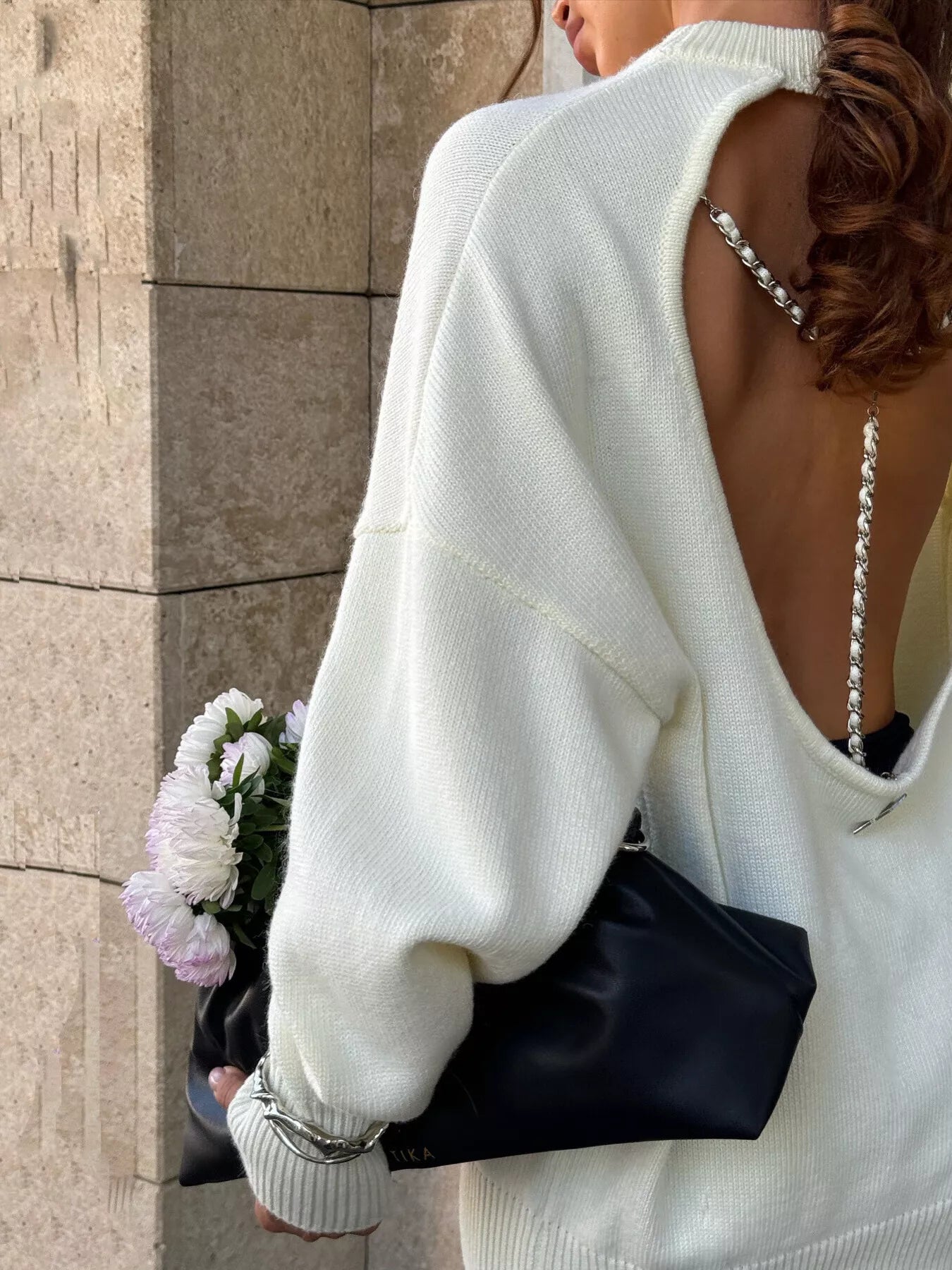 Cutout Round Neck Dropped Shoulder Sweater