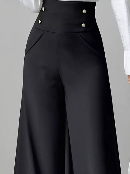 High Waist Wide Leg Button Decor Pants