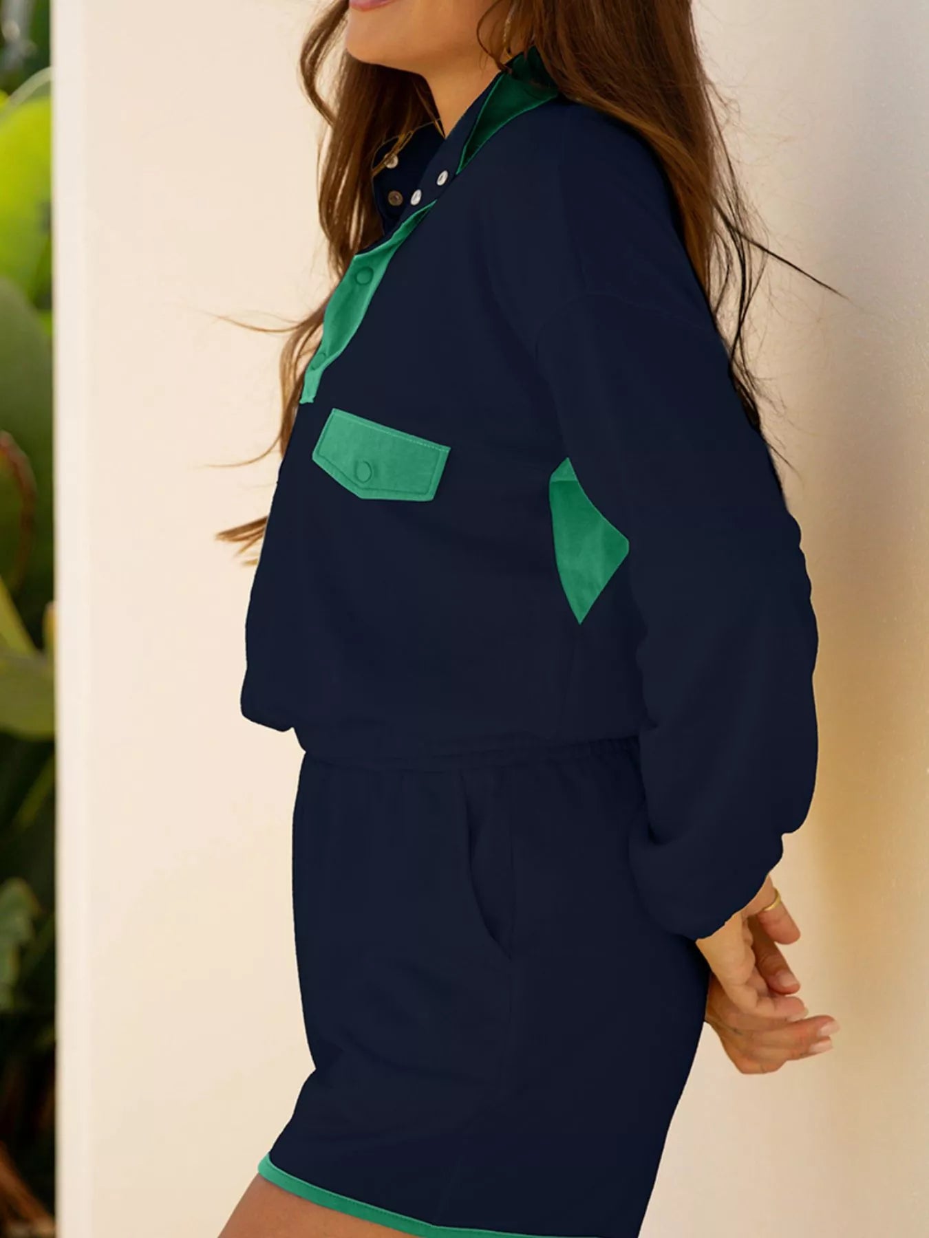 Color Block Patchwork Half Button Pullover and Shorts 2pcs Outfit