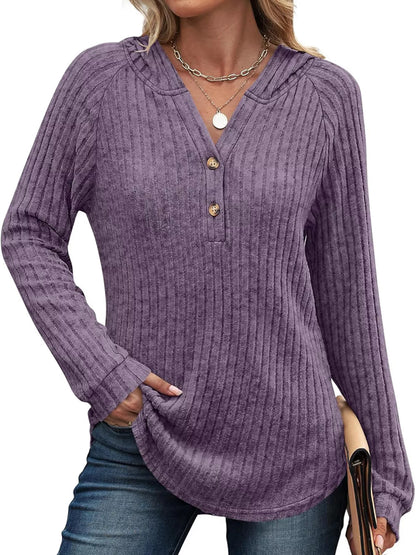 Full Size Ribbed Knit Button Detail Hooded Top Plus Size Purple