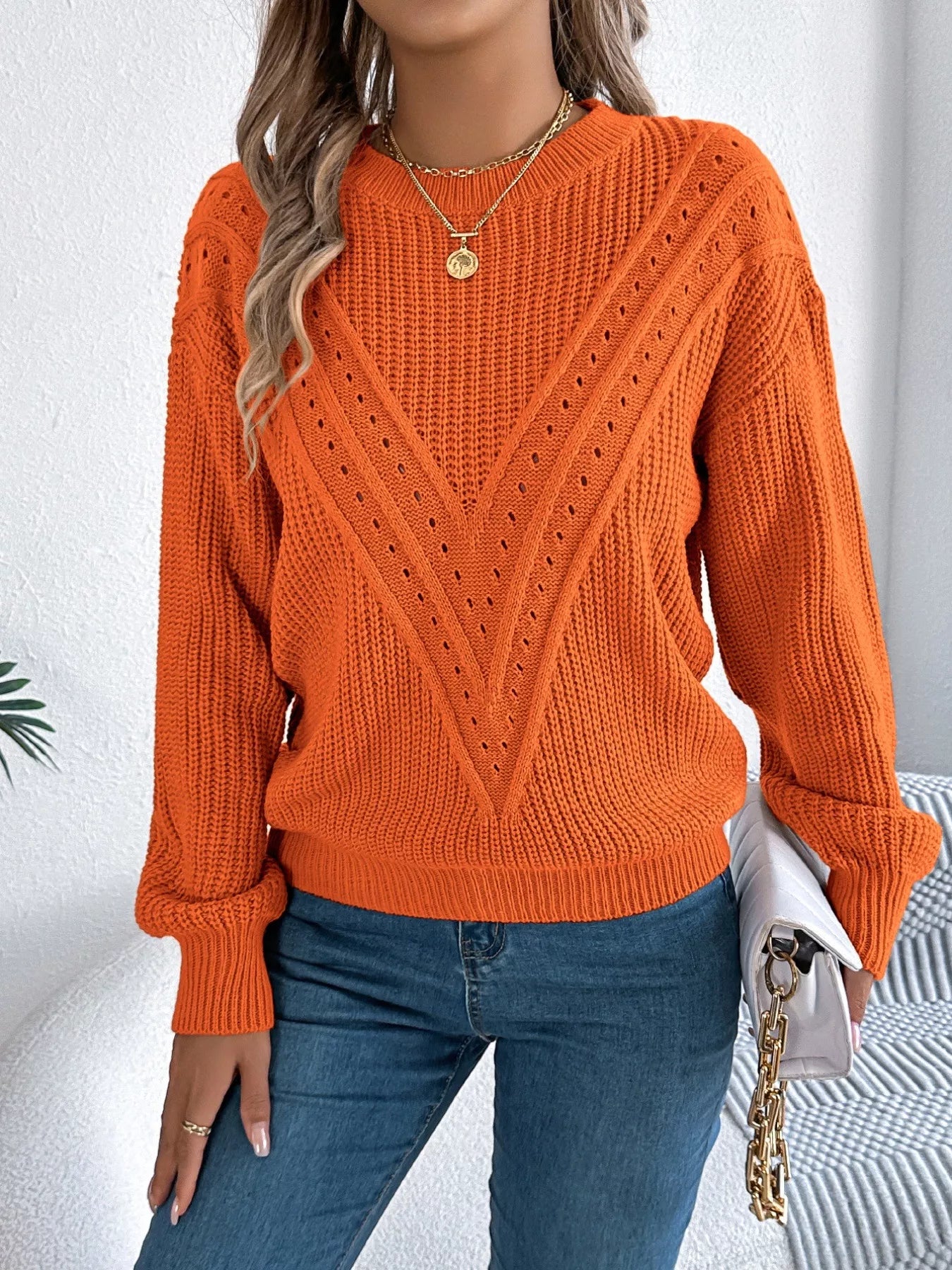 Openwork Round Neck Sweater