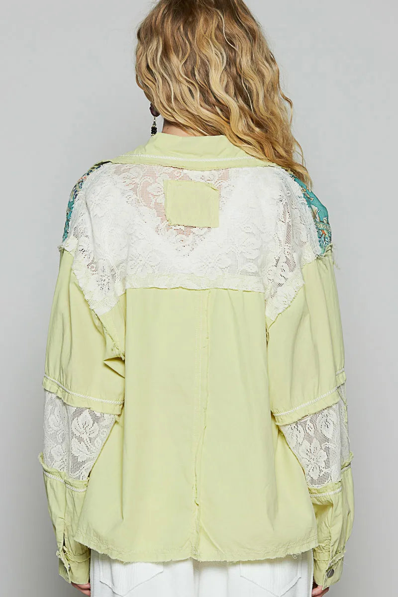 POL Printed Woven Mix Raw Hem Jacket with Lace Detail