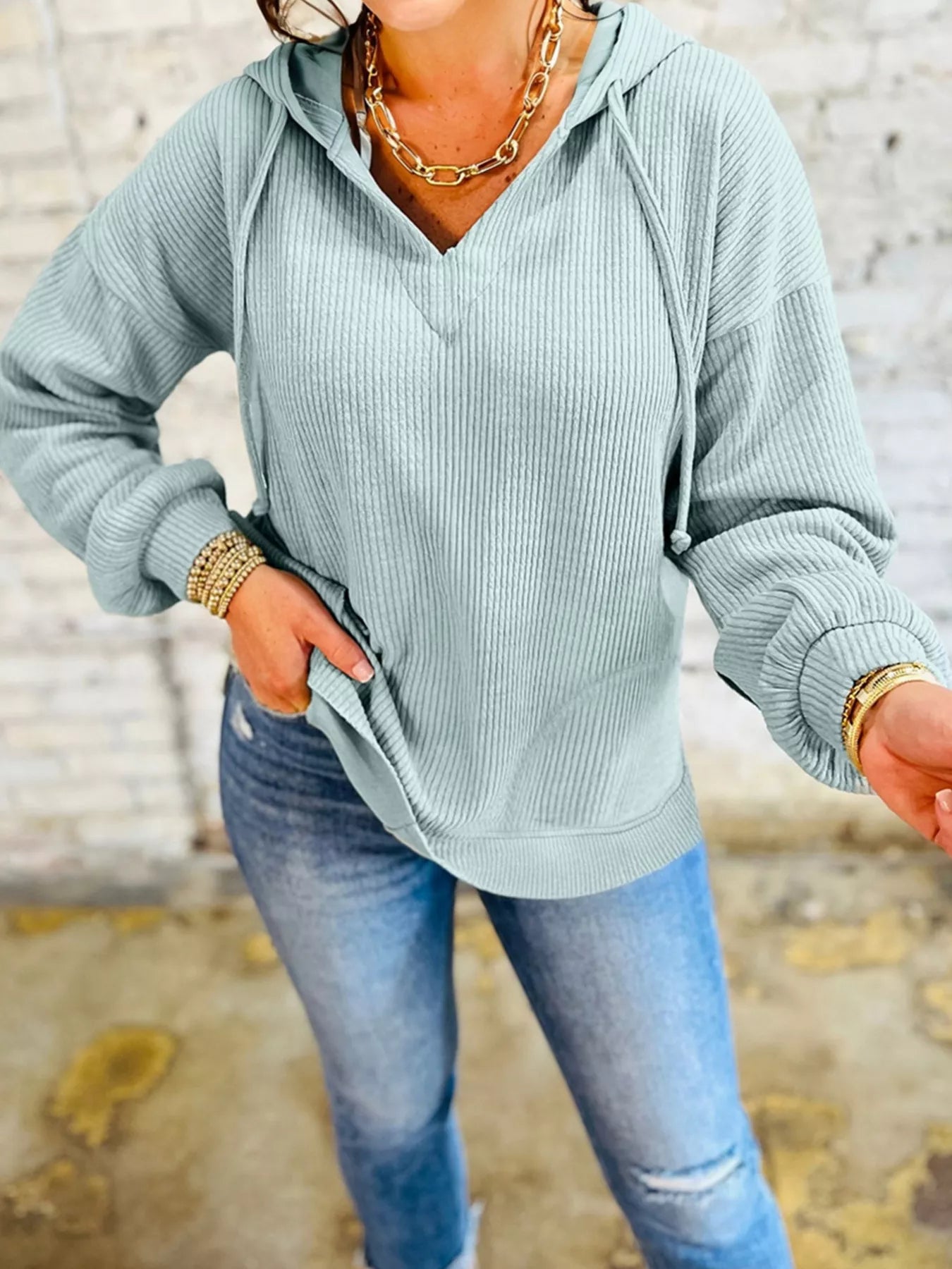 Ribbed Drop Shoulder Knit Hoodie Sage
