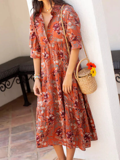 Full Size Printed Half Sleeve Midi Dress Plus Size Orange