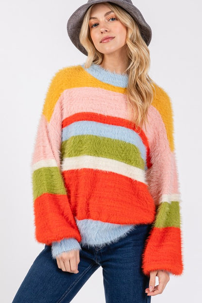 Back To School Sweater - SAGE + FIG Color Block Round Neck Dropped Shoulder Sweater Multicolor