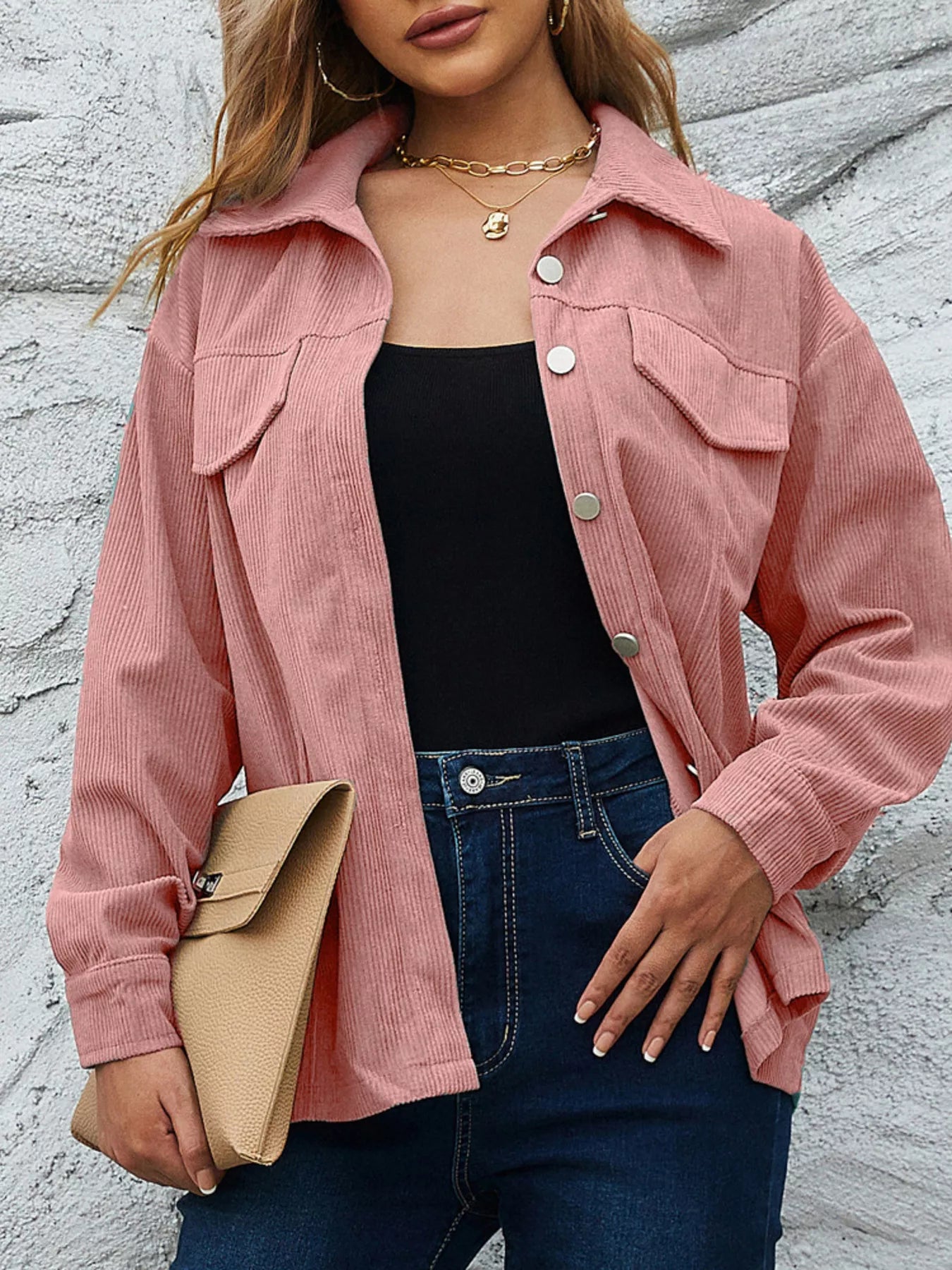 Casual Corduroy Button-Down Jacket Pinkish
