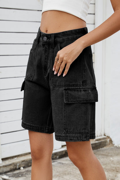 High Rise Denim Shorts with Cargo Pockets Black