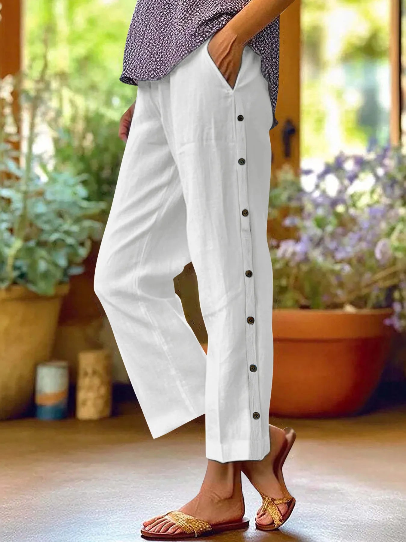 Full Size Side Decor Button Casual Wide Leg Pants Plus Size White