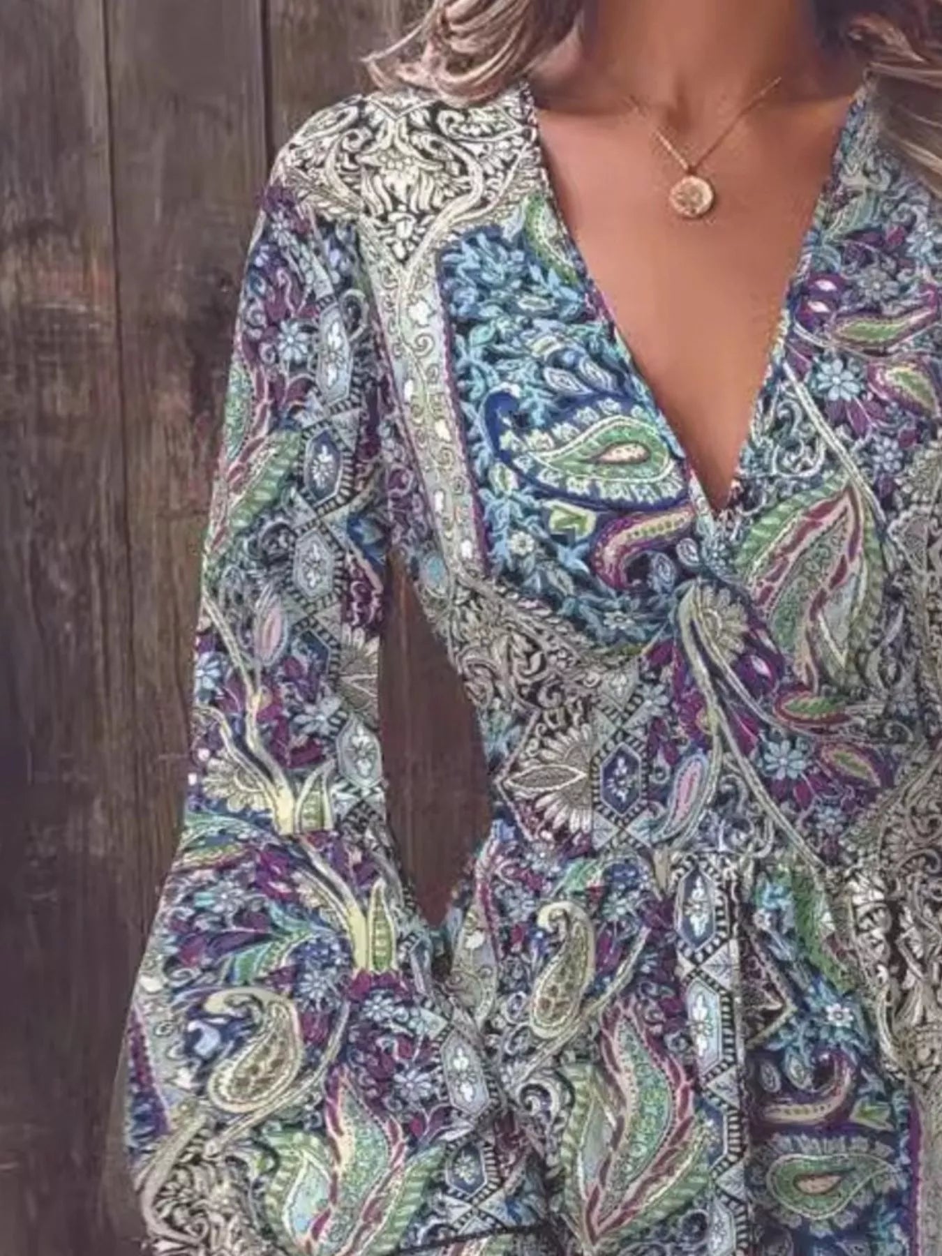 Paisley Print V-Neck Flounce Sleeve Dress