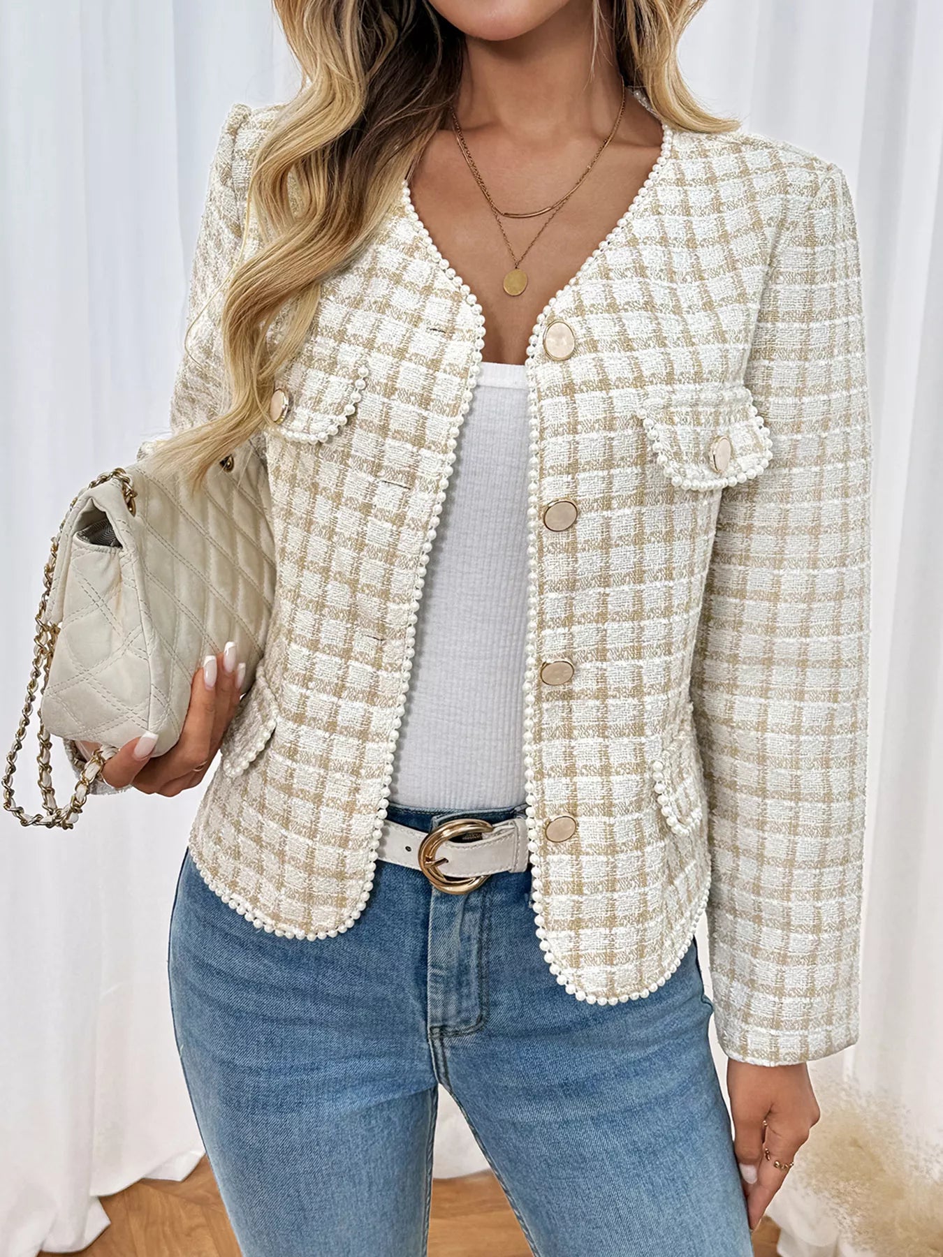 Pearl Trim Button Up Tweed Outerwear