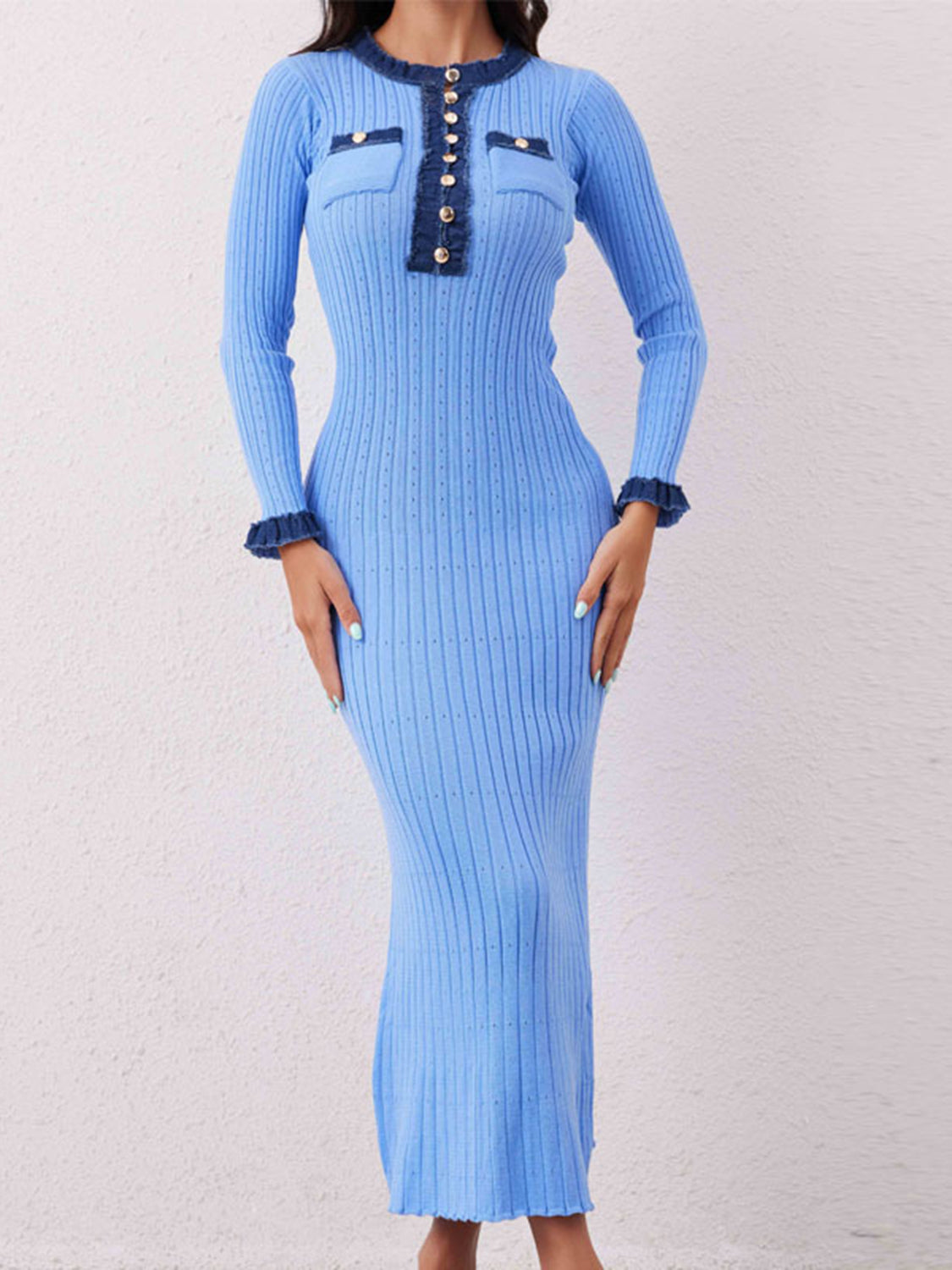 Contrast Trim Round Neck Long Sleeve Sweater Dress Blue One Size