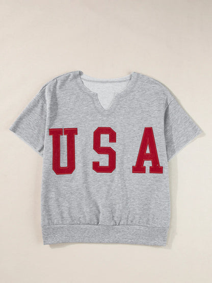 USA Lettering Patch Notched Neck T-Shirt