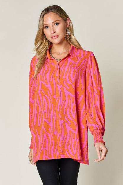 Smocked Long Sleeve Top with Alluring Print Orange