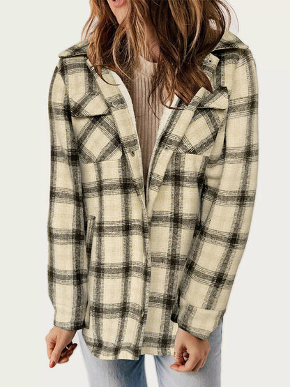 Oversized Plaid Long Sleeve Fleece Jacket Khaki