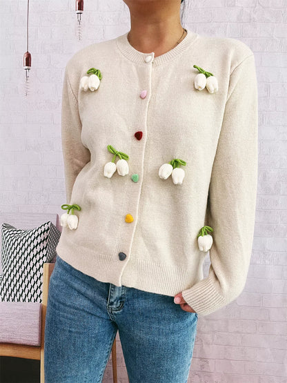 Flower Button Up Long Sleeve Cardigan Beige One Size