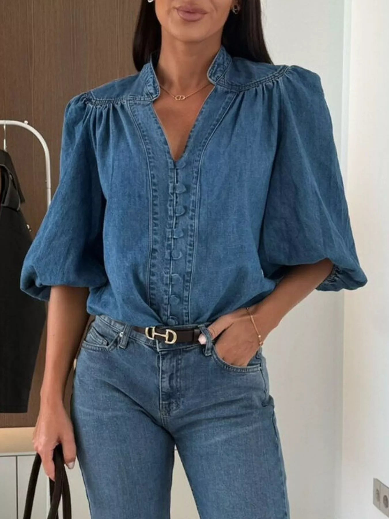 Button-Down Puff Sleeve Denim Top