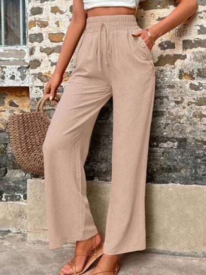 Tied High Waist Wide Leg Pants with Pockets Khaki