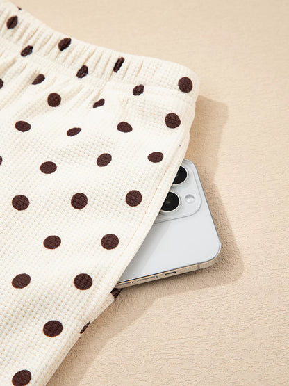 Polka Dot Notched Long Sleeve Top and Drawstring Joggers Lounge Set