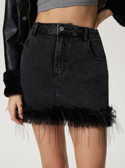 Plush Hem Mini Denim Skirt Black