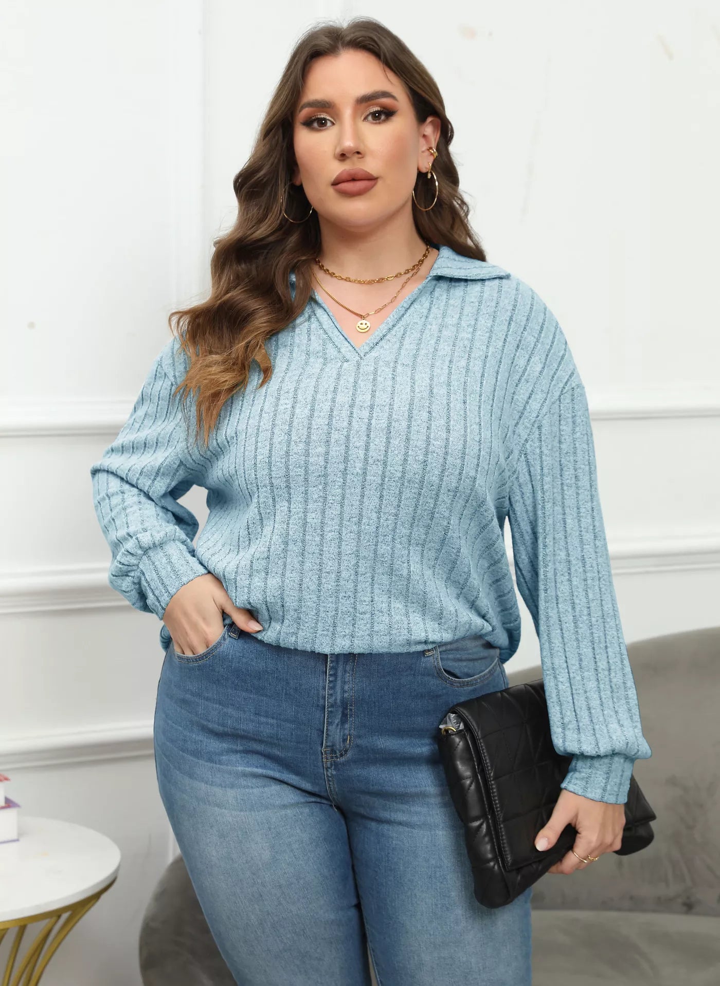 Plus Size Ribbed Knit Polo Collar T-Shirt