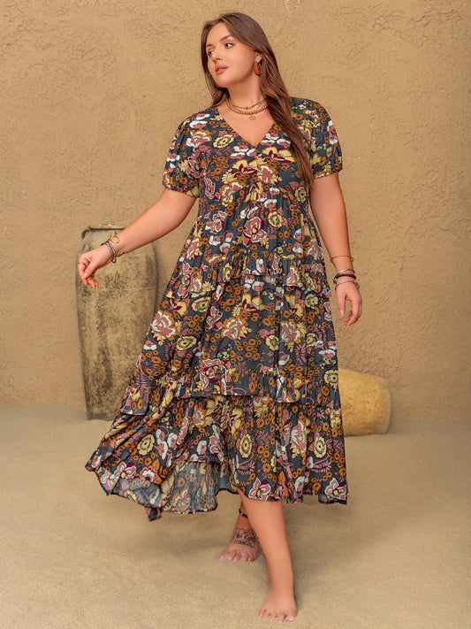 Plus Size V-Neck Short Sleeve Midi Dress