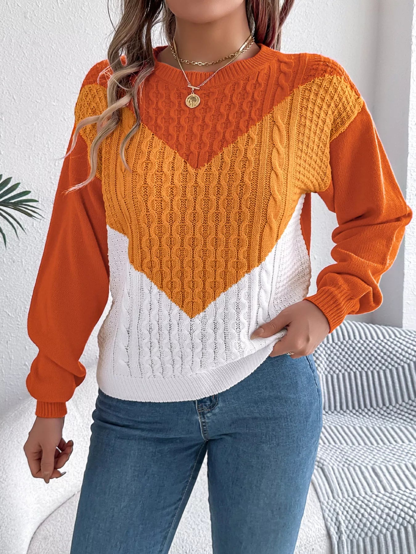 Color Block Cable Knit Sweater