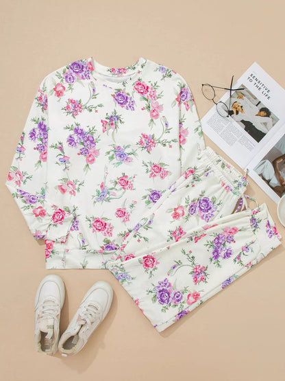 Floral Print Round Neck Top and Drawstring Pants Lounge Set