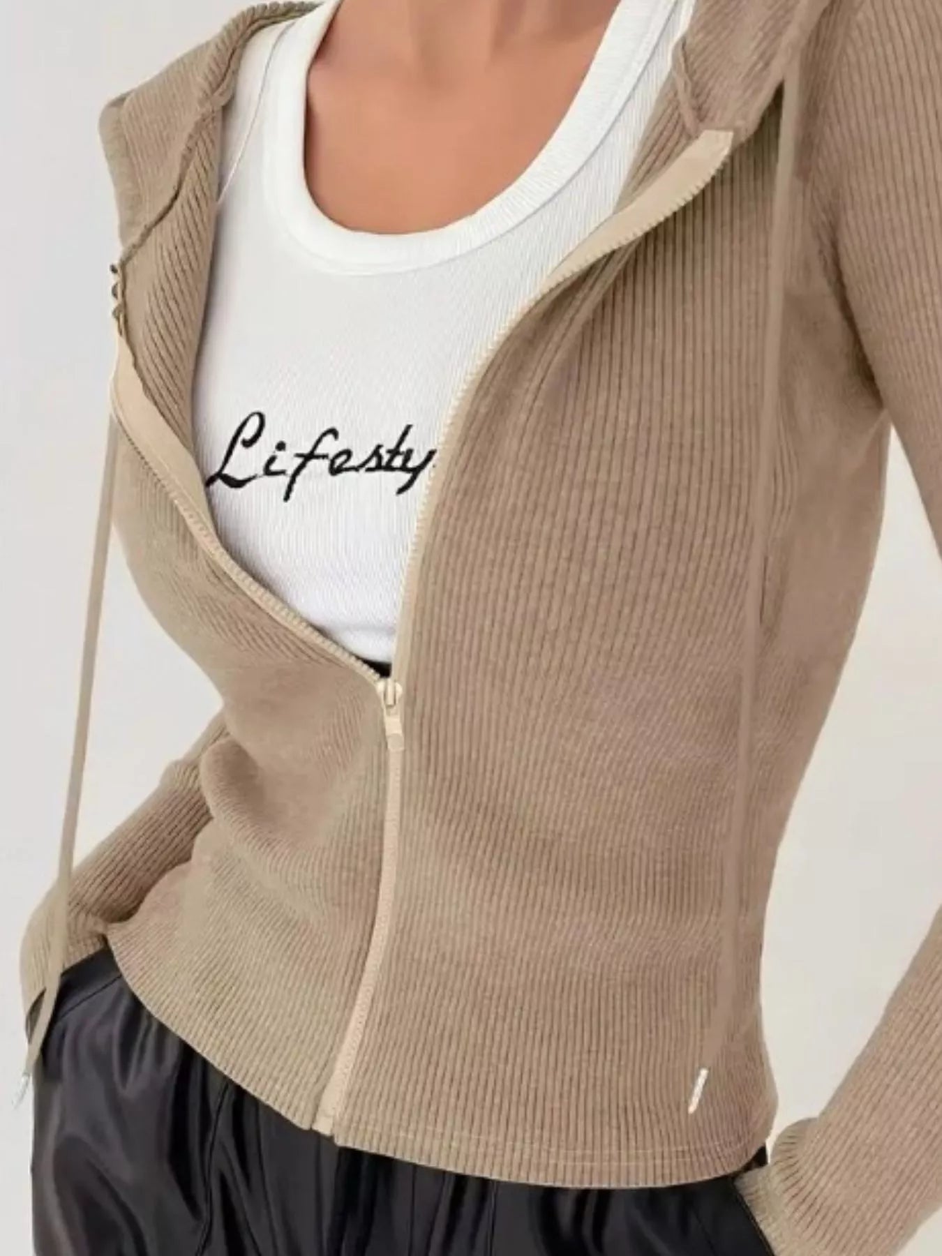 Ribbed Knit Zip-Up Hooded Cardigan