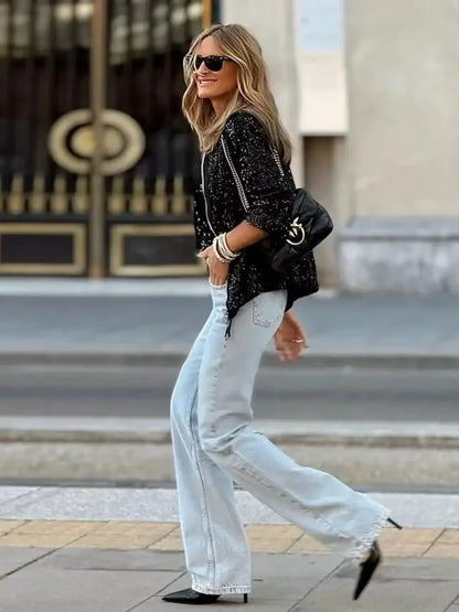 Sequin Zip Up Long Sleeve Jacket