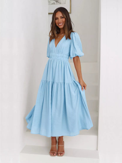 Tiered Puff Sleeve Midi Dress
