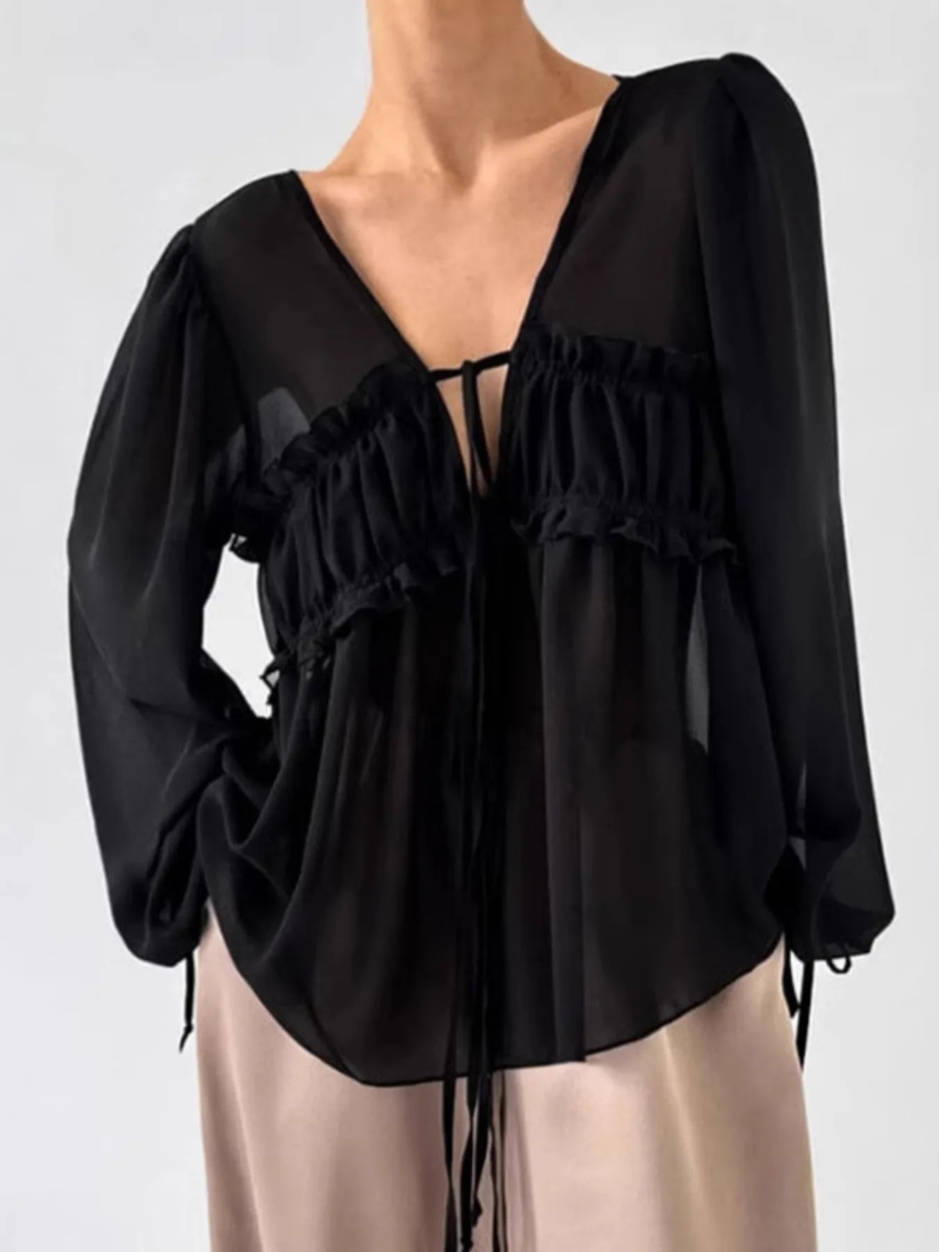 Ruffled Tie Front Long Sleeve Blouse Black