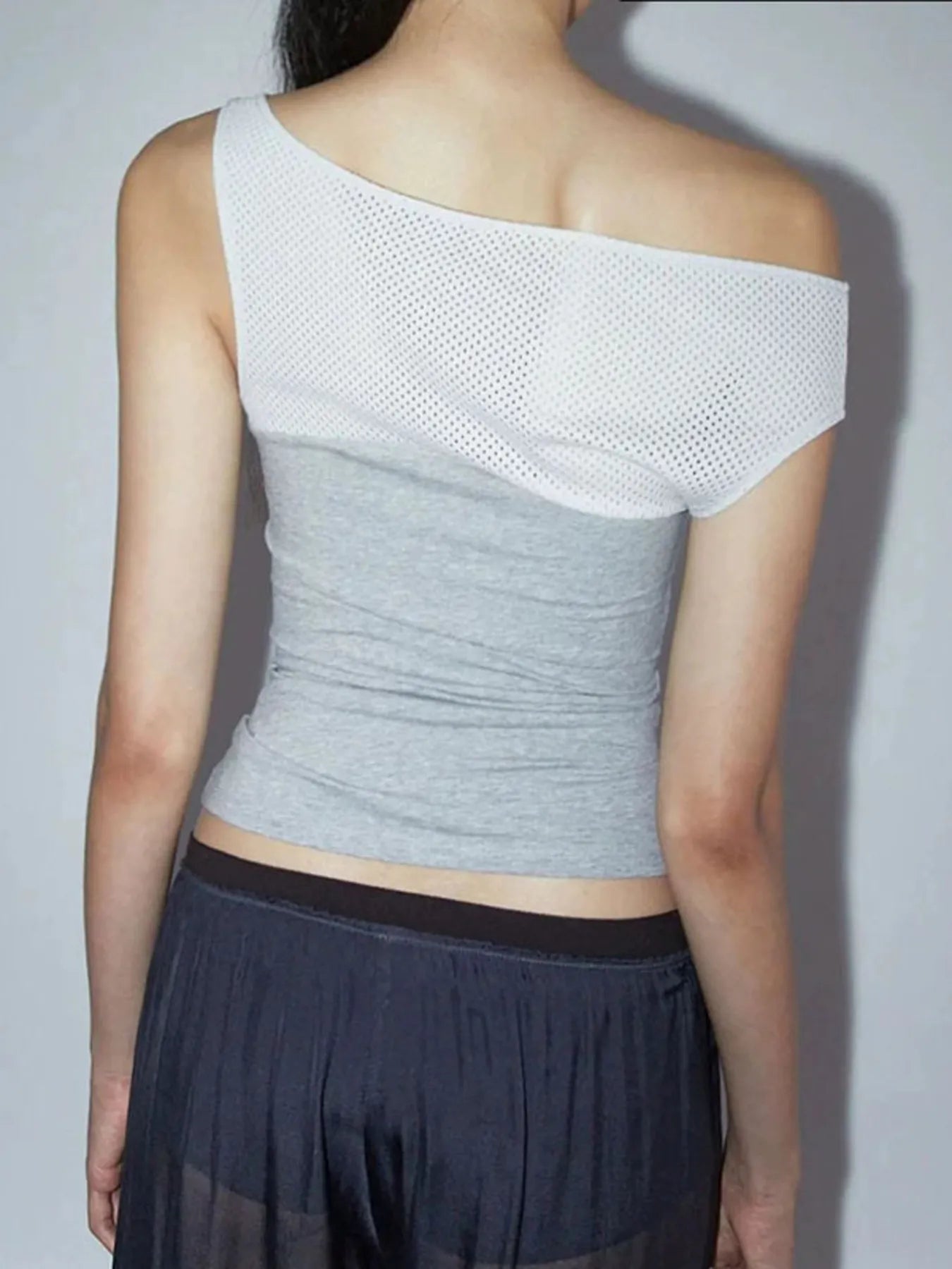 Asymmetric One-Shoulder Mesh Panel T-Shirt